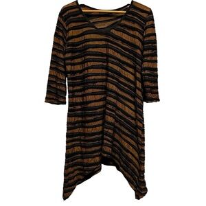Cut Loose Black Brown Stripe 3/4 Sleeve Asymmetrical Tunic Dress Size Medium